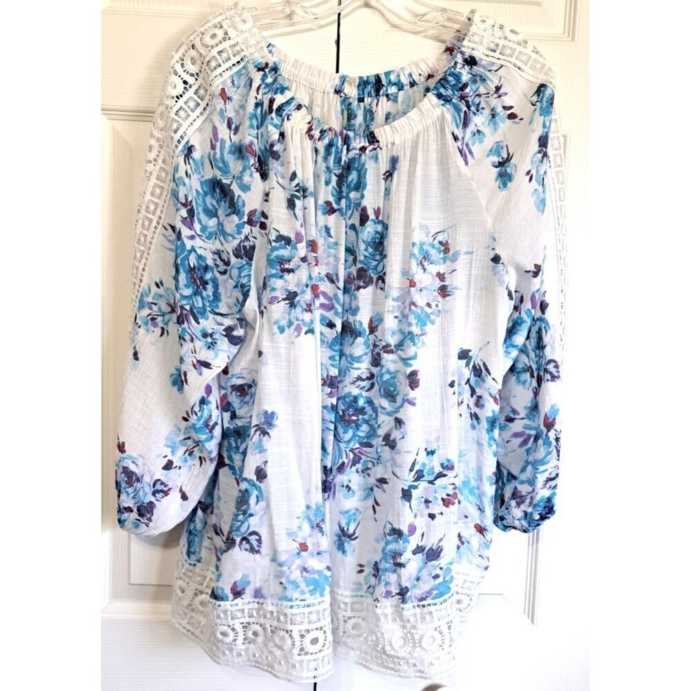 ELO Sportswear XL Multicolor Floral Scoop Neck Peasant Blouse Lace